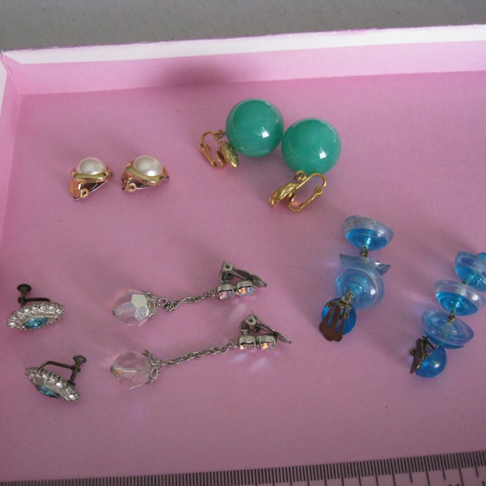Lot of 5 Vintage Clip On Earrings Gold Tone Silver Tone Aurora Borealis Austria